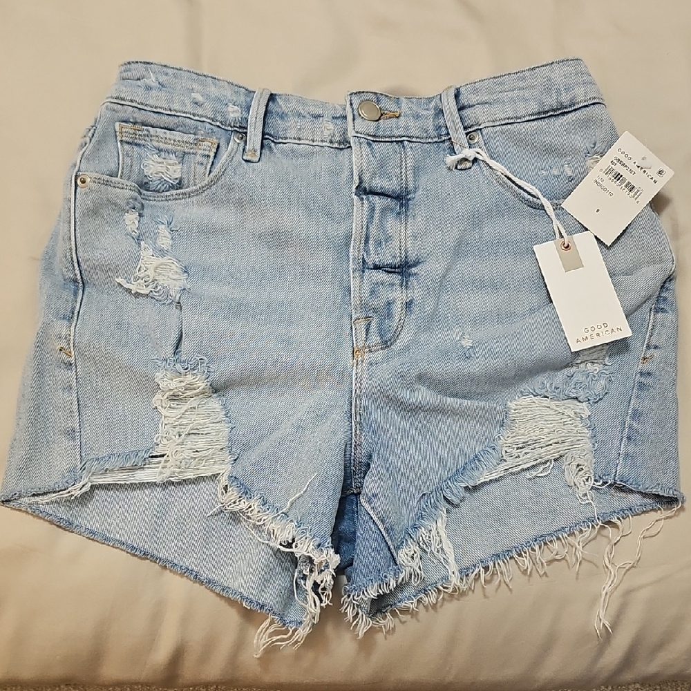 Good American Light Blue Ripped Jean Shorts